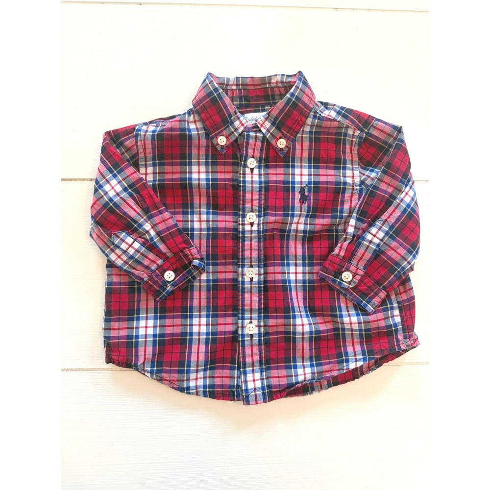 Ralph Lauren Baby Boys Plaid Button Down Shirt 3M Red Blue Pony Logo Cotton